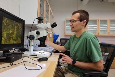 Prescott sits at a microscopic but looks at a monitor showing a large cone-shaped shell