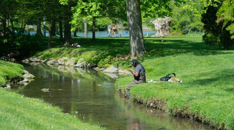 Student working by Virginia Tech Duck Pond