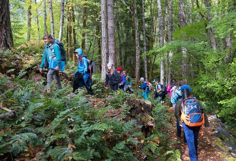 Young students following an instructor up a switchback trail in a forest